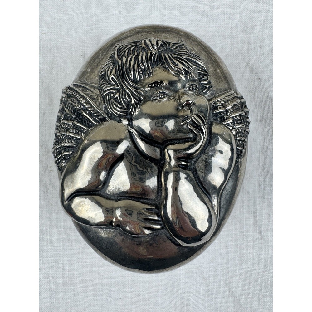 Vintage Silver‎ Plated Oval Cherub Angel Jewelry Trinket Box Red Velvet lining